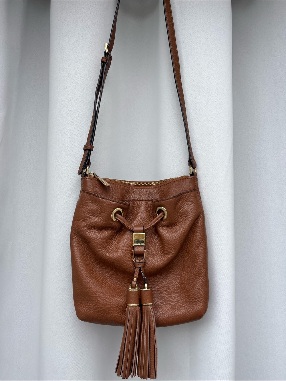 Michael Kors Brown Leather Tassel Drawstring Crossbody Bag